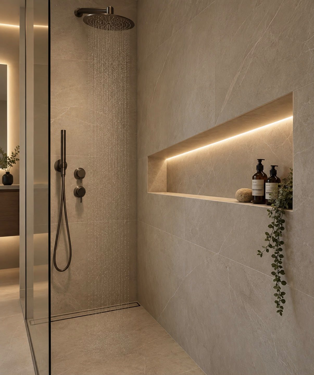 Niche linéaire rétroéclairée dans une douche carrelée grand format