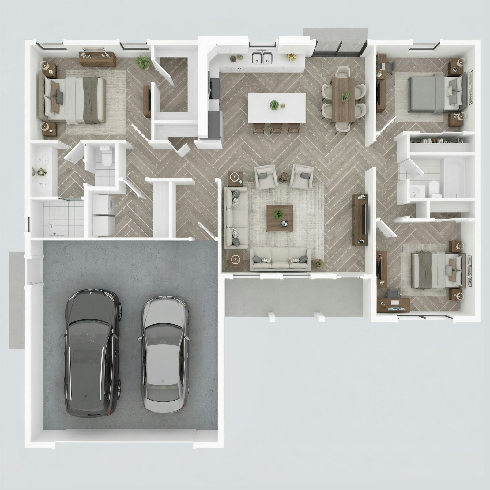 Plan meublé d'un logement vu de dessus, pièce par pièce
