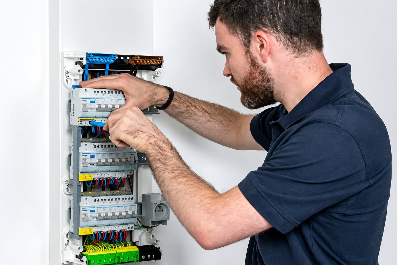 Électricien raccordant un tableau électrique domestique neuf