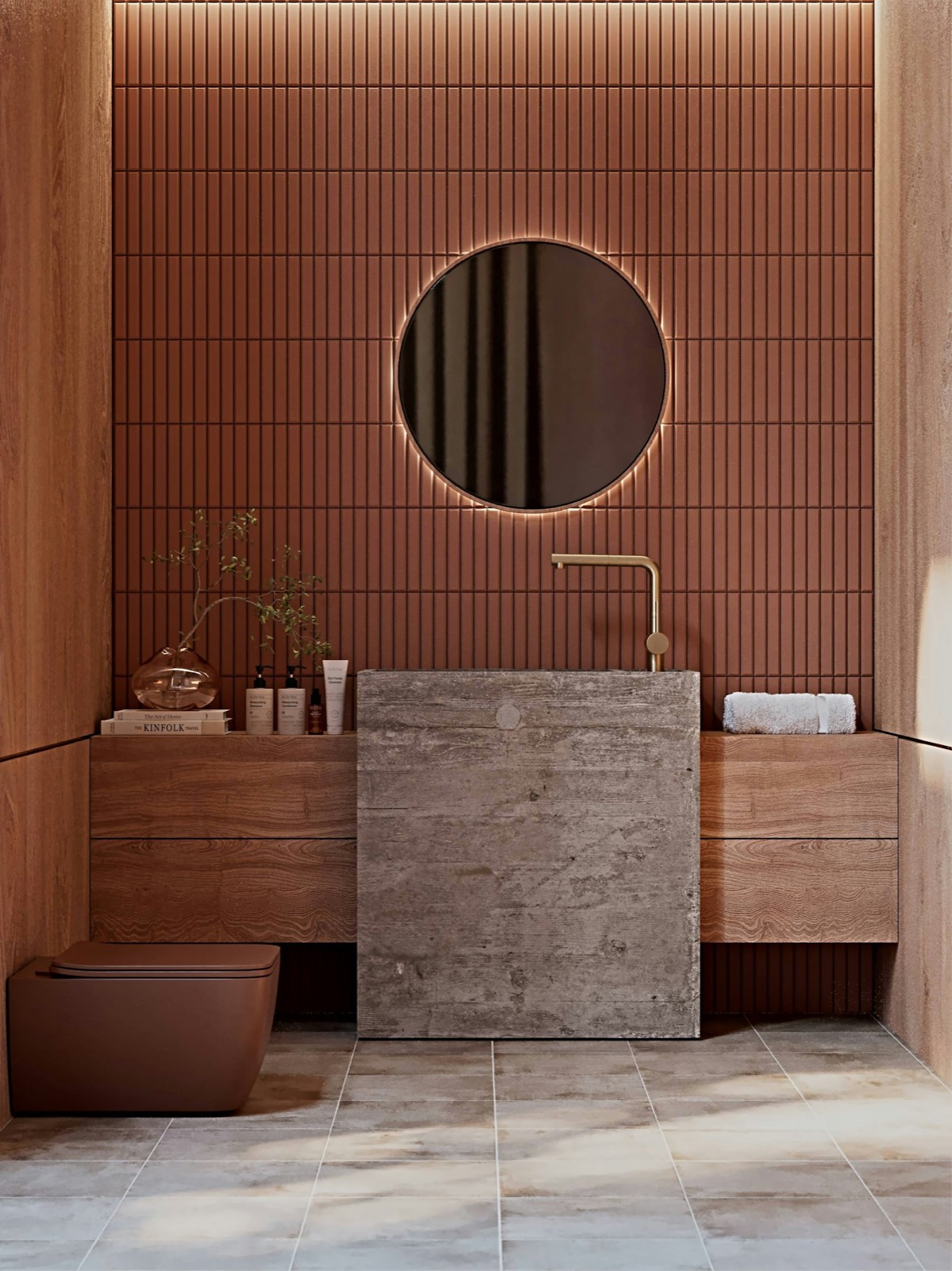 Meuble de salle de bain maçonné sur mesure, habillé de carrelage