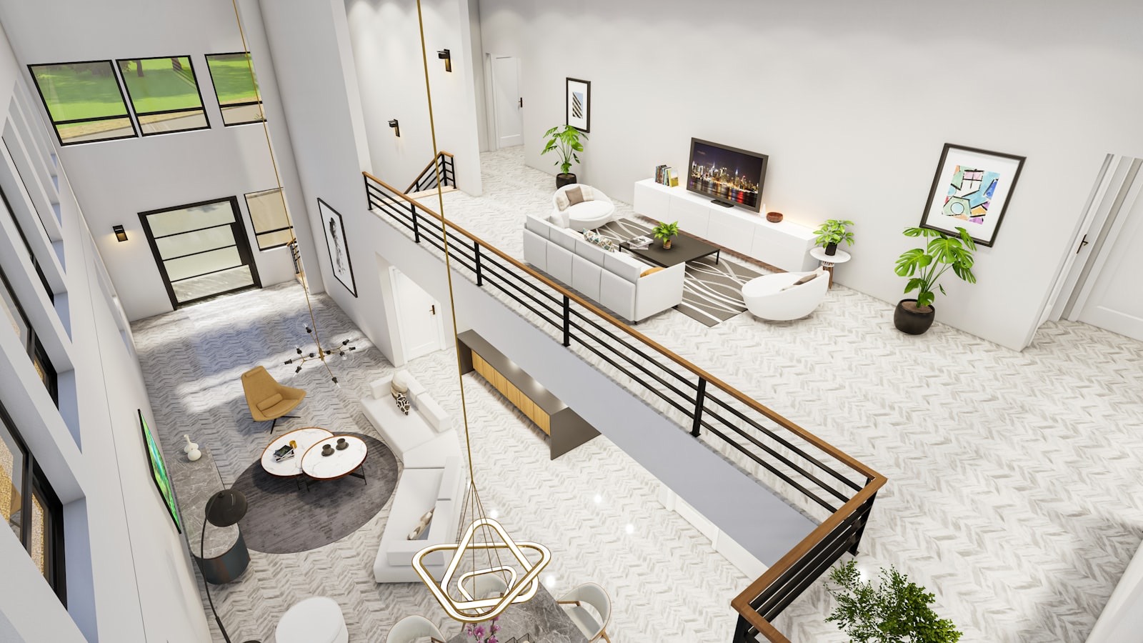 Vue 3D en volume d'un séjour double hauteur avec mezzanine